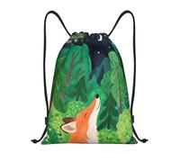 Cute Fox Green Trees Night Gym Bag Portable Pe Bag Durable Backpacks For Holiday Hiking Travel 36X42Cm