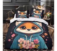 Cute Fox Hoodie Comforter Cover 3D Design Printed Luxury 3 Piece Bedding Set Zipper cartoon Animal Design Quilt Cover Super Soft Machine Washable for Kids Teens Adults Women Youth Double（200x200cm）