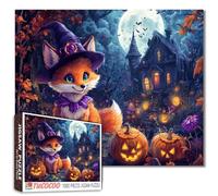 Cute Fox in Witch Hat Puzzle 1000 Pieces for Adults Halloween Pumpkins Haunted House Jigsaw Full Moon Spooky Autumn Night Puzzles Wall Decor 27x20 Inch Fun Fall Puzzle Gift for Halloween Lovers