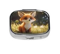 Cute Fox Mini Pill Box Metal Travel Medicine Organizer with 2 Compartments Pocket-Sized Pill Container