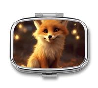 Cute Fox Pill Box 2 Compartment Portable Travel Pill Case with Mirror Square Metal Medicines Storage Container Pocket Medicine Box to Hold Vitamins Fish Oil