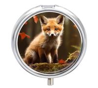 Cute Fox Pill Box 3 Compartment Travel Pill Organizer with Mirror Design Portable Pillcase for Pocket Or Purse Round Medicine Case Weekly Medicine Container Holder for Daily Meds