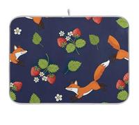 Cute Fox Strawberry Blue Dish Drying Mats for Kitchen Counter Dish Drainer Mat Reversible Absorbent Dishes Pad Kitchen Counter Mat, 16x18in