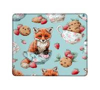 Cute Fox Tea Cup Mouse Pad, Blue Strawberry Cookies Design Rubber Non-Slip Washable Gaming Mousepad for Home and Office Computer, Laptop Square 8x10 Inch