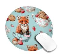 Cute Fox Tea Cup Mouse Pad, Blue Strawberry Cookies Design Rubber Non-Slip Washable Gaming Mousepad for Home and Office Computer, Laptop Round 8x8 Inch