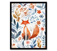 Cute Fox with Boho Botanical Pattern Watercolour Framed Wall Art Artery8 Multi W12 inch x H16 inch