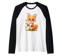 Cute Fox with Daisy Illustration Raglan Baseball Tee