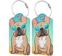 Cute French Bull Dog 2 Pcs Luggage Tags, Privacy Cover Id Label with Stainless Steel Loop and Address Card for Suitcases & Travel Bags