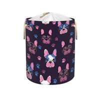 Cute French Bulldog Paws Drawstring Laundry Basket, Large Foldable Laundry Hamper with Lid Thick Polyester Fabric Lightweight Storage Basket for Clothes Toys Dorm Bathroom