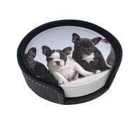 Cute French Bulldog Puppies,Set of 6 Round Coasters, Pu Leather Drinks Coasters with Holder for Home Office Kitchen