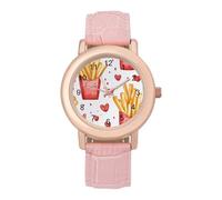 Cute French Fries with Hearts Women's Leather Watch Easy Reader Minimalist Wristwatch Pink Rose Gold Strap Watches