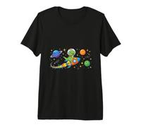 Cute, Friendly Smiling Baby T-Rex Flying Through Space Premium T-Shirt
