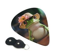 Cute Frog in Hat Guitar Picks 6 Pcs, 0.96mm Thickness Celluloid Plectrum with Leather Picks Holder, Personalized Guitar Pick for Bass Electric Acoustic Guitars Lovers Gift