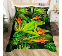 Cute Frog Kids Duvet Cover Set Double Size, Cartoon Animal Bedding Set 3pcs for Boys Girls Teens Bedroom Decor, Tropical Palm Leaves Comforter Cover Green Leaves Quilt Cover with 2 Pillowcases