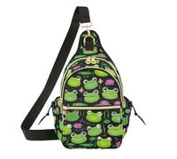 Cute Frog Lotus Leaf Black Modern Art Painting Chest Bag Adjustable Strap Outdoor Adventure for Kids