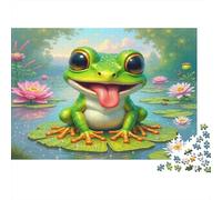 Cute Frog Sitting 1000 Pieces Jigsaw Puzzle for Adults & Kids 12+, Premium Cardboard, Frog Lily Pad, Educational Family Activity, Improves Memory & Problem-Solving Skills 38x26cm/1000pcs