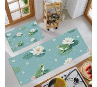 Cute Frog Water Lily Non Slip kitchen floor mats Set 2 Piece, Simple Cartoon Kitchen Mat Anti Fatigue Set, Light Green kitchen carpets for Home Decoration - 60X89+60X152cm