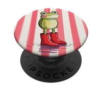 Cute Frog Wearing Red Rain Boots Pink Striped Aesthetic PopSockets Adhesive PopGrip