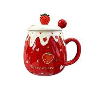 Cute Fruit Office Ceramic Mug Girl Heart Spoon with Lid Student Cup for office home restaurant cafe teahouse lounge bar-Red Strawberry+Red Ball Spoon
