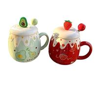 Cute Fruit Office Ceramic Mug Girl Heart Spoon with Lid Student Cup for office home restaurant cafe teahouse lounge bar-Avocado+Strawberry+Green Red Ball Spoon