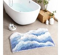 Cute Funky Bath Mats for Coastal Beach Nautical Themed Decor, Moss Bathroom Rugs， Blue Wave Rug Ocean Rug，Non-Slip Soft Plush Shaggy Bath Carpet