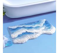 Cute Funky Bath Mats for Coastal Beach Nautical Themed Decor, Moss Bathroom Rugs, Blue Wave Rug Ocean Rug,Non-Slip Soft Plush Shaggy Bath Carpet