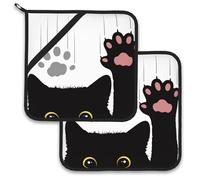 Cute Funny Black Cat Pot Holder Set of 2,Heat Resistant Potholders Oven Hot Pads for Kitchen Cooking Baking BBQ