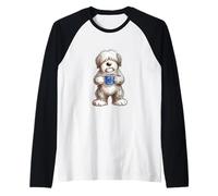 Cute Funny Bobtail Puppy Dog Cup Coffee EU Europe Flag Raglan Baseball Tee
