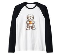 Cute Funny Bobtail Puppy Dog Cup Coffee Spain Flag Raglan Baseball Tee