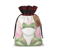 (Cute Funny Frog Doing Yoga) Christmas Drawstring Gift Bags, Reusable Buffalo Plaid Drawstring Wrapping Bags For Xmas Party Supplies M