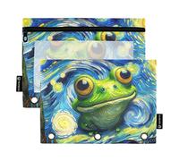 Cute Funny Frog Starry Night Pencil Pouch for 3 Ring Binder Pen Pencil Bag Zipper Binder Soft School Binders Clear Pockets Classroom 9.8" x 7.1", 2 Packs