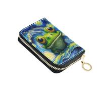 Cute Funny Frog Starry Night Women's Wallet Zip Around RFID Blocking Credit Card Wallets Small Zipper Change Purse with Key Ring