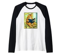 Cute Funny Ginger Tabby Cat Reading Human Manipulation Book Raglan Baseball Tee