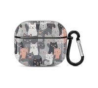 Cute Funny Grey Cats Pattern Bluetooth Earbuds Case Cover Full Body Shockproof Protection Hard Case Support Wireless Charging with Keychain Personalized Gift for AirPods 3