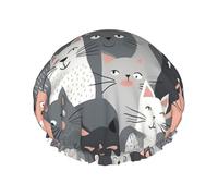 Cute Funny Grey Cats Pattern Double Layer Waterproof Shower Cap For Women, Reusable Bath Hat With Elastic Band, Keep Hair Dry For Shower And Skincare