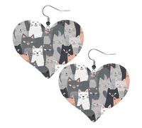 Cute Funny Grey Cats Pattern Heart Earrings Faux Leather Double Sided Drop Dangle Earrings Fashion Lightweight Jewelry Gifts For Women'S Ear Accessories