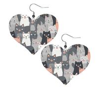 Cute Funny Grey Cats Pattern Leather Earrings for Women Heart Earrings Lightweight Dangle Drop Earrings Cute Jewelry Gift