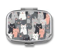 Cute Funny Grey Cats Pattern Pill Box 2 Compartments Portable Travel Pill Case Mini Medicine Organizer for Pocket Purse Metal Waterproof Medicine Container Holder Vitamin Fish Oil
