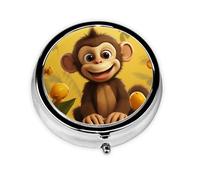 Cute Funny Monkey Banana Print Pill Box 3 Compartments Round Pill Organizer Metal Waterproof Portable Pill Case for Pocket or Purse Vitamin/Fish Oil/Pills/Supplements