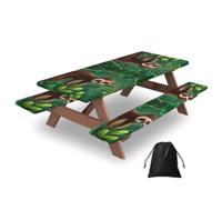Cute Funny Sloth Relaxing On The Jungle Tree Print Waterproof Picnic Table Cover With Bench Cover Set Of 3 Elastic Edge Durable Outdoor Tablecloth