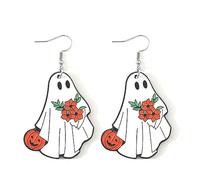 Cute Funny Wooden Halloween Dangle Earring Funny Ghost Pumpkin flower Wood Teardrop Drop Earrings Halloween Party Jewelry for Women, Metal Wood, wood
