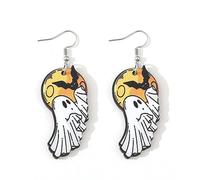 Cute Funny Wooden Halloween Dangle Earring Funny Ghost Pumpkin flower Wood Teardrop Drop Earrings Halloween Party Jewelry for Women, Metal Wood, wood