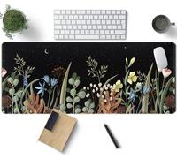Cute Gaming Black Wild Flowers Desk Mat Mouse Pad Star Moon Floral Mousepad Large, XL Big Computer Keyboard and Mouse Mat Desk Pad Mat with Stitched Edge for Women Office Decor Deskmat 31.5x11.8 in