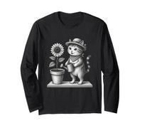 Cute Gardening Cat Sunflower Monochrome Long Sleeve T-Shirt