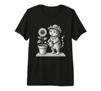 Cute Gardening Cat Sunflower Monochrome Premium T-Shirt