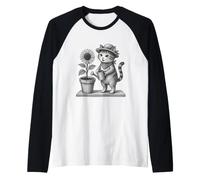Cute Gardening Cat Sunflower Monochrome Raglan Baseball Tee