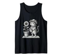Cute Gardening Cat Sunflower Monochrome Tank Top