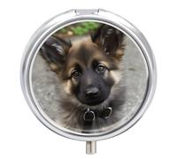 Cute German Shepherd Puppy Pill Case with 3 Compartments - Portable Travel Pill Organizer for Purse, Easy-Open Button Design, Small Round Pillbox Vitamin Holder Organizer for Women Men