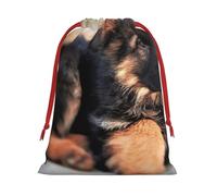 Cute German Shepherd Puppy Print Christmas Drawstring Gift Bags, Xmas Holiday Fabric Gift Wrapping Bag For Party, Size-L