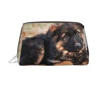 Cute German Shepherd Puppy Print Premium Leather Toiletry Travel Pouch with Waterproof Portable Pouch Open Flat Makeup Bag